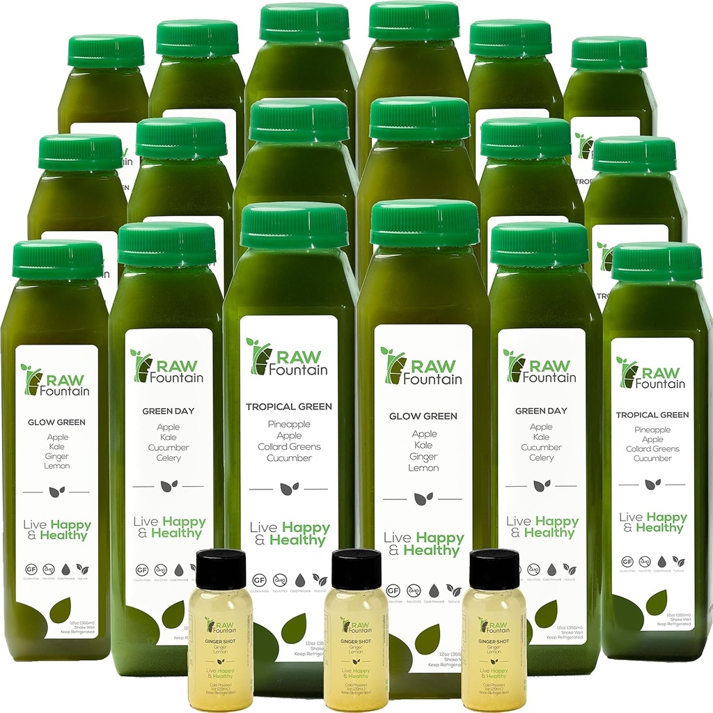 5 zile suc verde curata de Fountain brut, toate crude naturale, dezintoxicare Vegan, suc presat rece, 30 sticle 12oz, 3 Ginger Shots