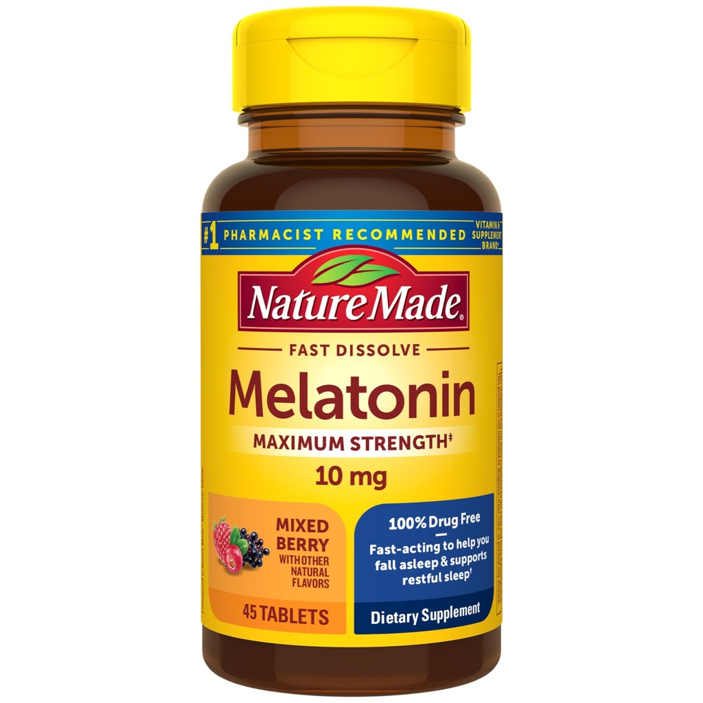 Natura făcut Melatonina 10mg rapid dizolvare, puterea maximă pe timp de noapte somn ajutor pentru adulți, 100% medicament-free, 45 comprimate