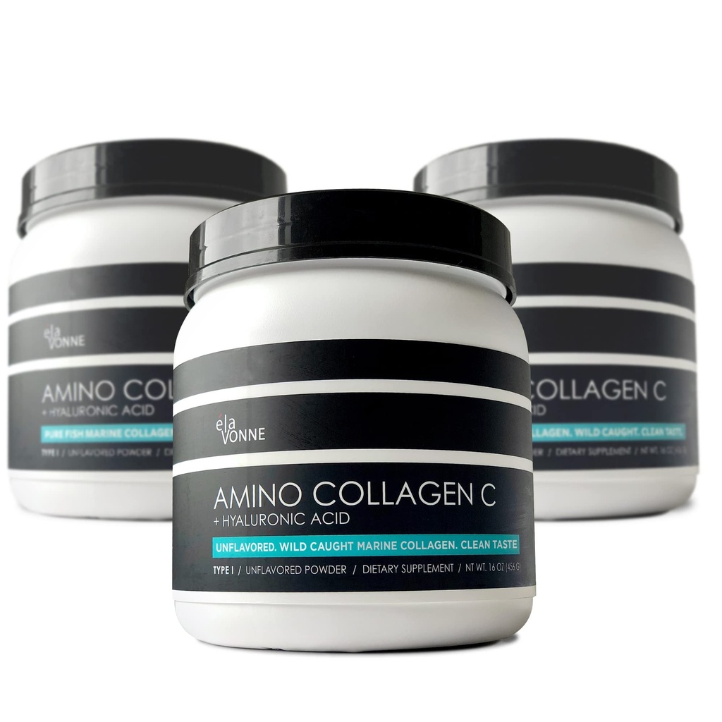 (3-Pack) Amino Colagen C - Colagen Pulbere (180 Scoops) - Colagen Peptide marine + Acid hialuronic. Fără zahăr. Fără Odor, fără OMG-uri, pentru păr, piele, unghii, articulații, & Gut Health.