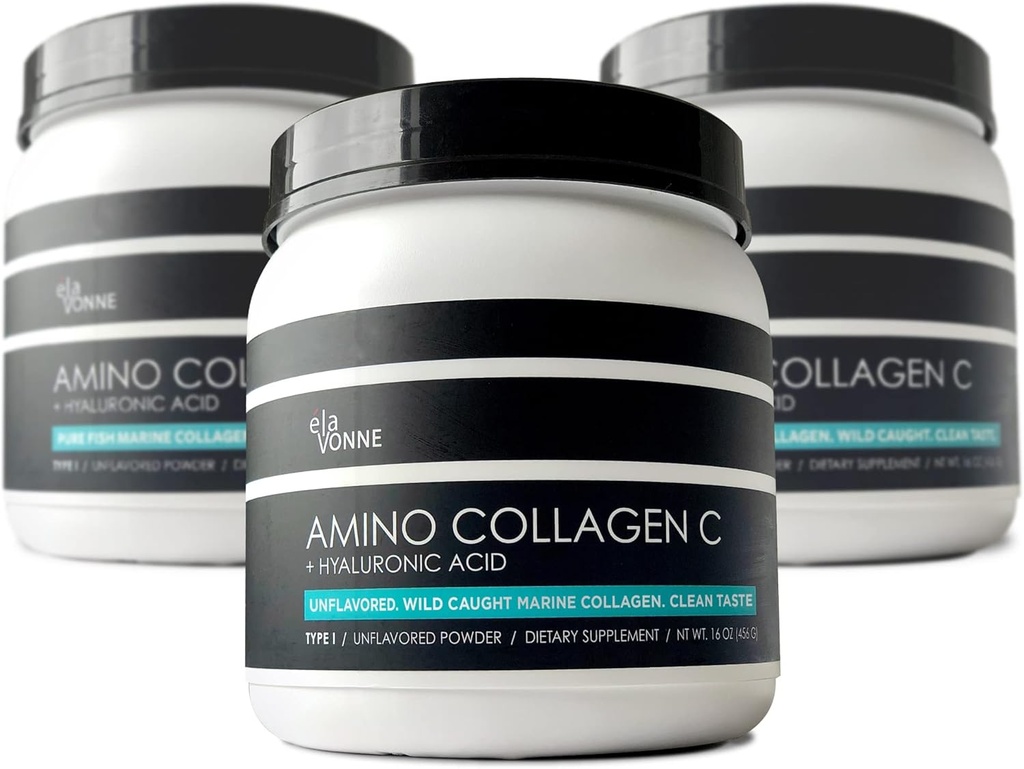(3-Pack) Amino Colagen C - Colagen Pulbere (180 Scoops) - Colagen Peptide marine + Acid hialuronic. Fără zahăr. Fără Odor, fără OMG-uri, pentru păr, piele, unghii, articulații, & Gut Health.