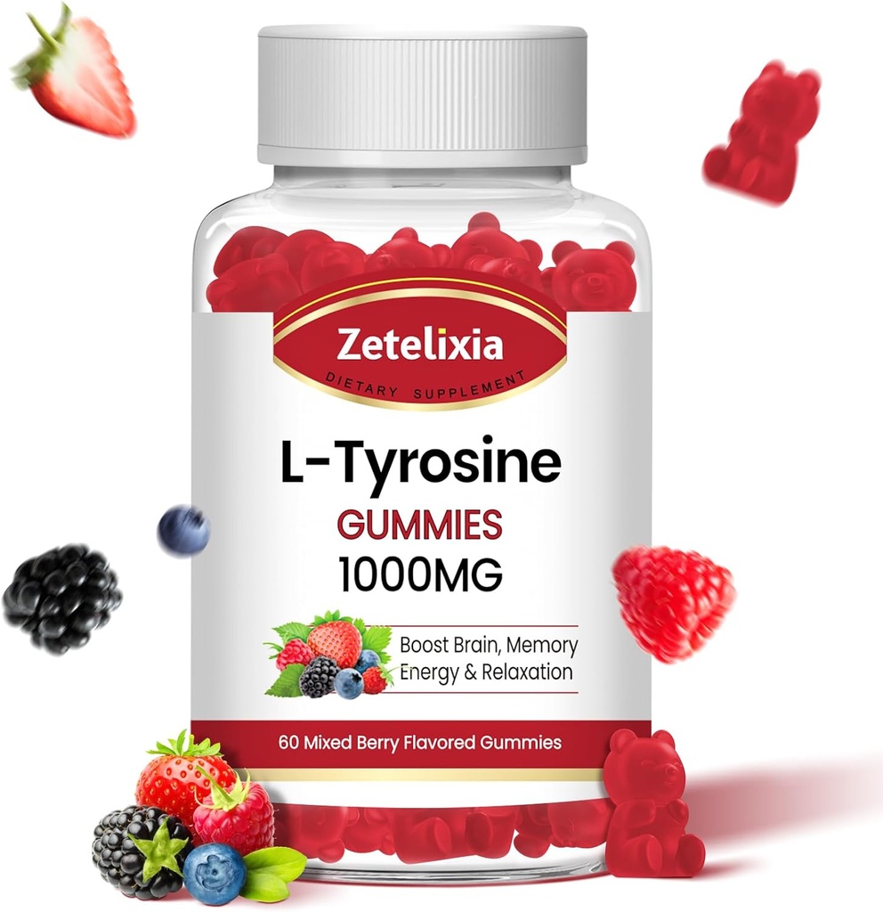 L Tyrosine Gummies 1000mg,L-Theanină Supliment Gummy 200mg,Sugar gratuit L-Tyrosine cu vitamina B6 Suplimente energetice pentru adulți și copii - Vegan(60 Conte)