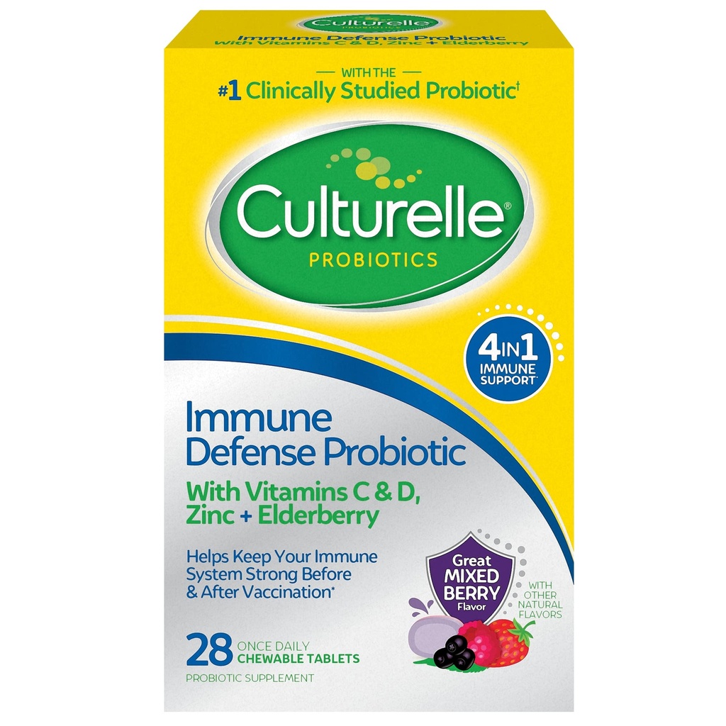 Culturale Immune Defense Daily Probiotic pentru femei si barbati - 28 Conte, Mixed Berry Chewables cu 4-in-1 Immune Support. Vitamina C probiotică, vitamina D și zincul Plus elderberry