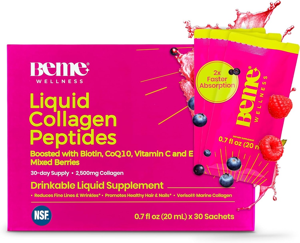 BeMe Colagen lichid pentru femei - 2500 mg Verisol hidrolizat Colagen lichid marin - Suplimente Colagen testate clinic - Absorbție rapidă, biodisponibilitatea ridicată - Sprijină piele, păr și unghii