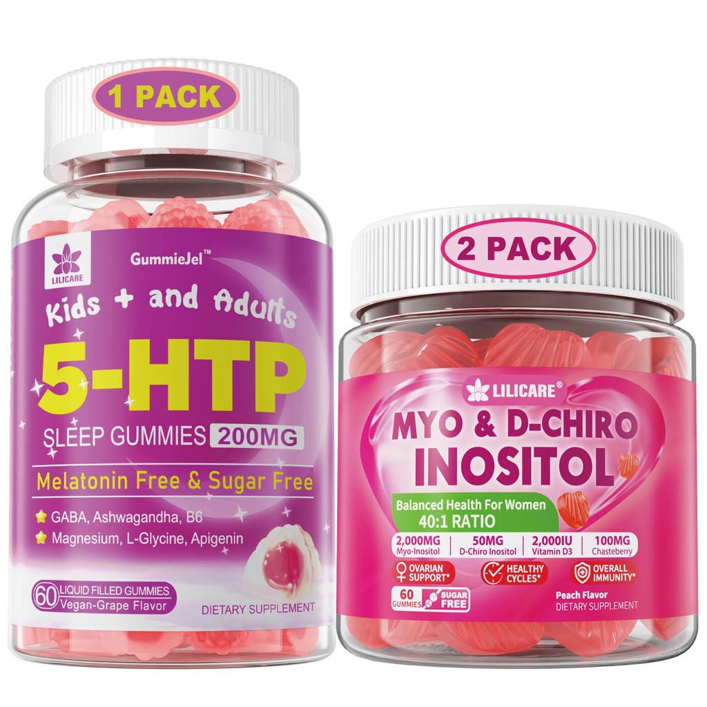 LILICARE Bundle: Gume 5HTP cu glicinat de magneziu - Melatonina gume de somn gratuite pentru adulți și copii 8+ & Inositol Gumies Ideal 40:1 Raport Myo & D-Chiro Inositol Supliment