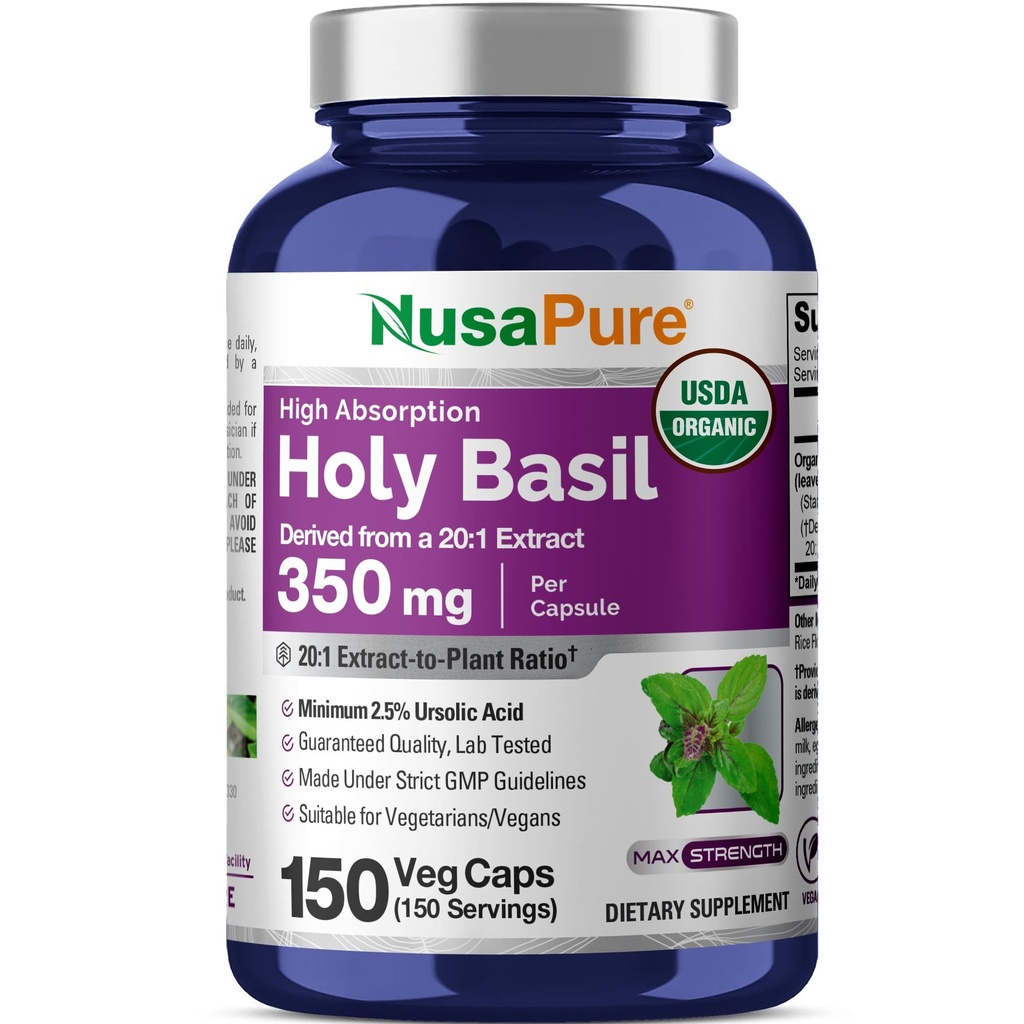 NusaPure USDA Capsulele de Basil Sfințit Organic 20:1 Extract, 350 mg echivalent cu 7.000 mg 
