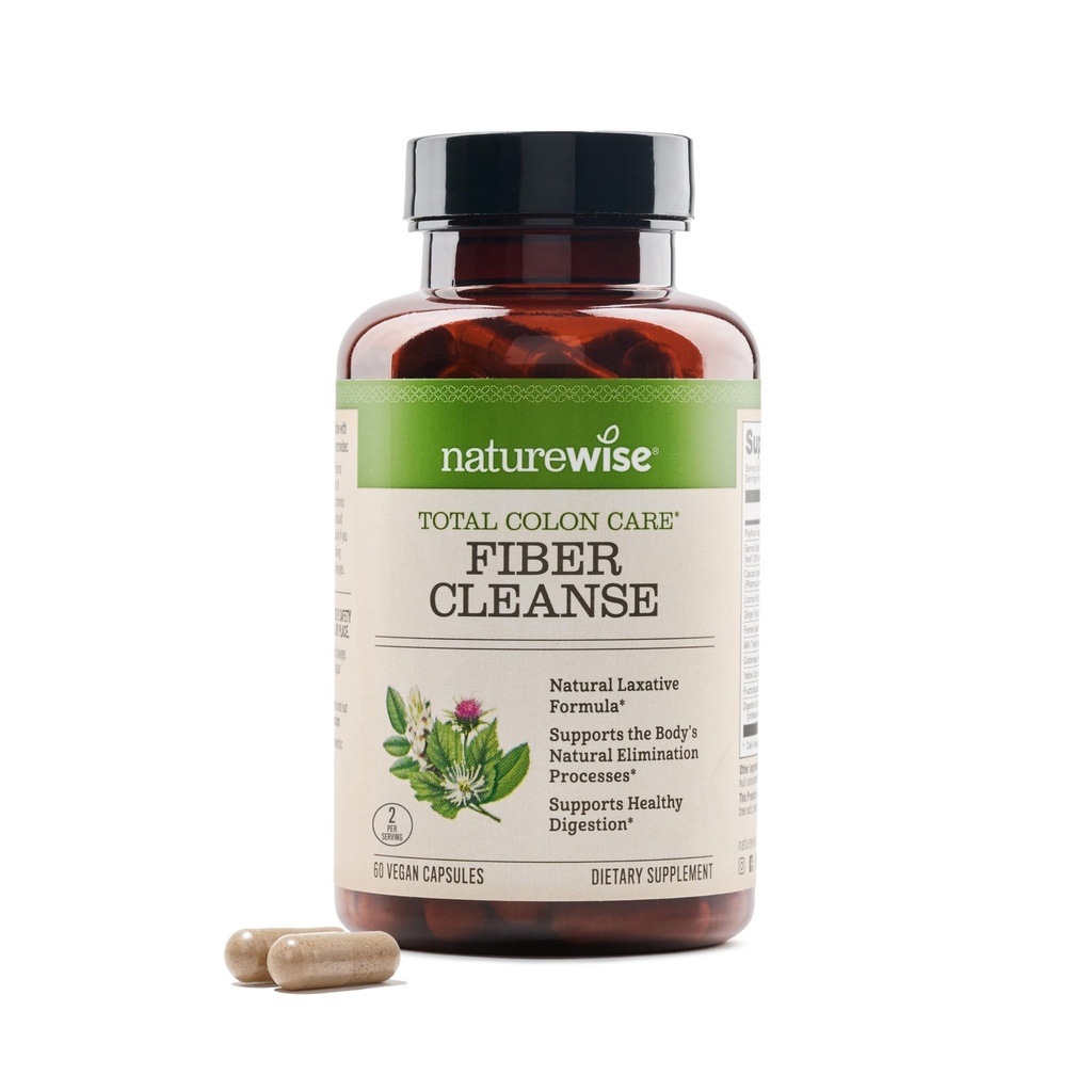 NatureWise Total Colon Care Fiber Cleanse - Natural Laxative Blend - Herbal Laxatives, Prebiotice, & Enzime pentru Regularitate, Digestion, Greutate & Gut Health - Non-GMO - 60 Capsule[30-Day Supply]