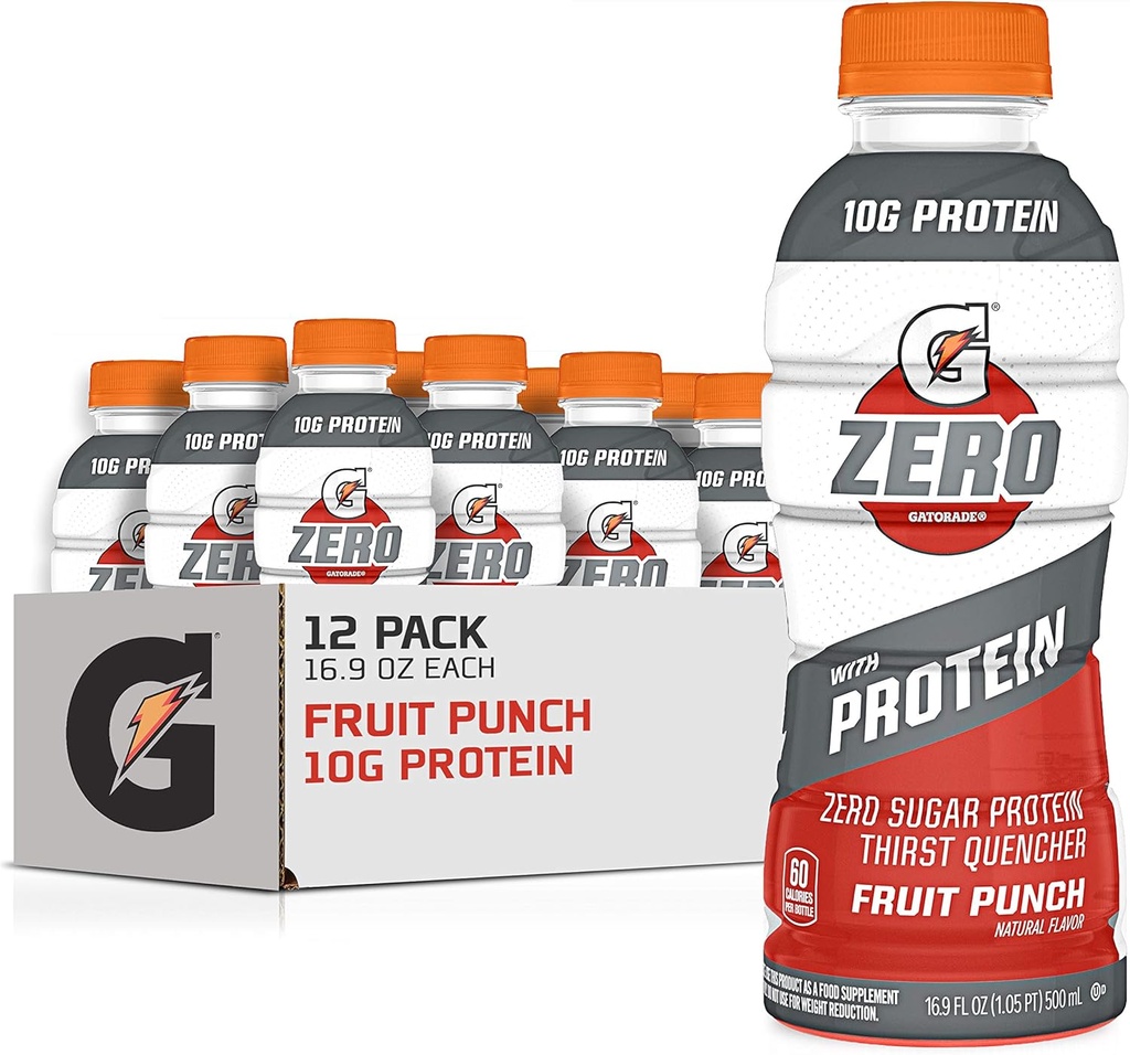 Gatorade Zero cu proteine, izolat de proteine 10g Whey, Zahar Zero, Electroliti, Punch de fructe, 16,9 Fl Oz, 12 Pack