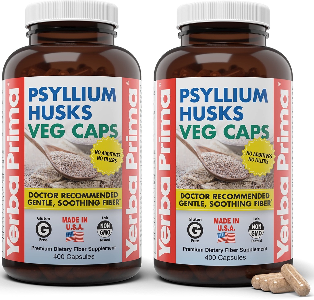 Yerba Prima Psyllium Husks Veg Caps, 400 capsule (625 mg) (Pachet de 2) - Vegan, Non-GMO, Gluten Free, Colon Cleanser, Daily Fiber Supplement for Gut Health & Regularity