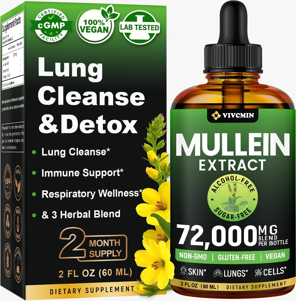Mullein picături pentru plămâni, 3-in-1 Mullein Extract de frunze pentru Plămâni Sănătate, Herbal Lung Supliment de sprijin pentru sănătate, Suport Imun & Digestive Wellness, Zahăr și alcool-Free - 2 FL OZ