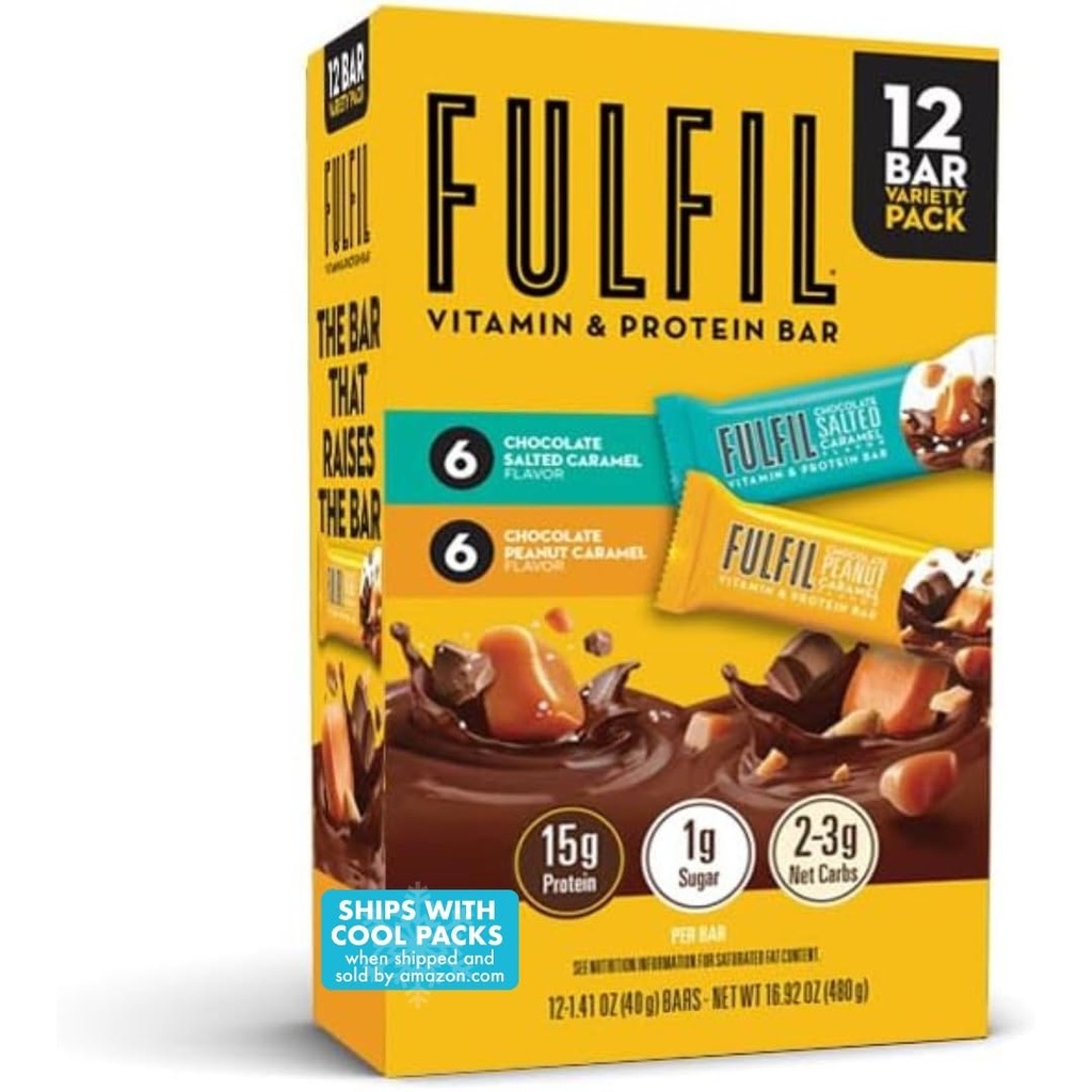 FULFIL Proteine Snack Baruri, 6 ciocolata Alună și Caramel & 6 Ciocolată Sărată Caramel, 15g Proteine, Cămar Capsici, 12 Conte