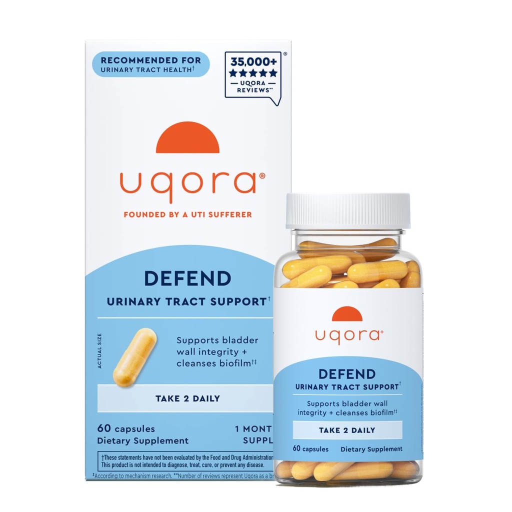 Uqora Defend - Suplimentul de sănătate pentru tractul urinar - Suport Bladder Health & Cleanse Biofilm* cu D-Mannose, extract de ceai verde, extract de turmeric & More - Gluten-Free - 60 capsule (30-Day Supply)
