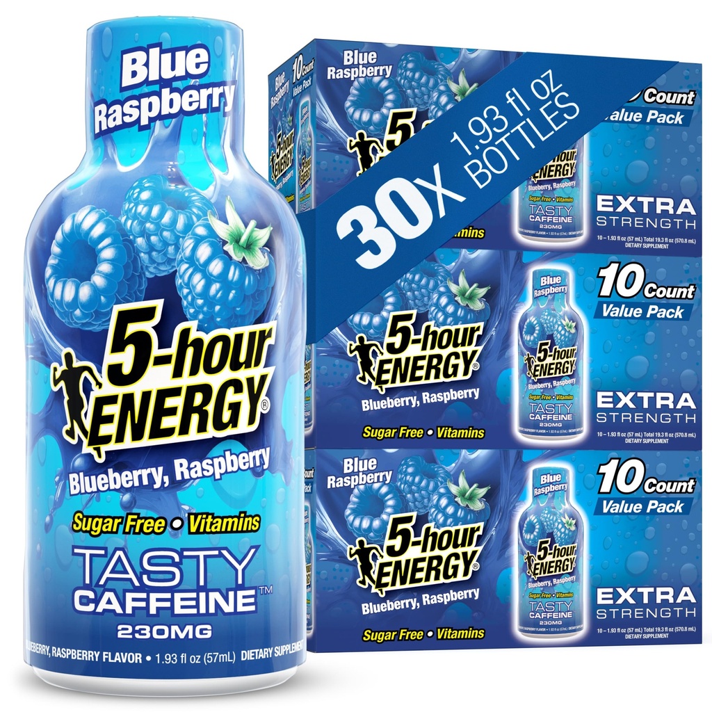 5 ore de energie Shots Extra Putere, Blue Raspberry Aroma, 30 Conte, 1.93 Fl Oz, Sugar Free, Zero Calories, Amino Acids și vitaminele esentiale B, Supliment alimentar, Feel Alert și Energized, 230 mg Cafeina