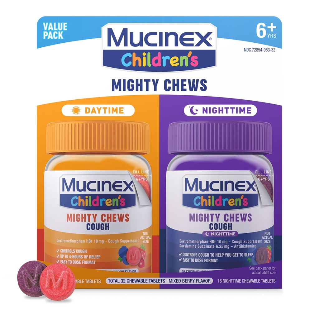 Mucinex Chews pentru copii Puternice Chews pentru copii de tuse Medicina de zi cu zi și de noapte Value Pack, Ușor de a doza Tuse Supressant pentru copii cu Dextrometorfan, Aroma mixt Berry, 32 Tablete masticabile medicamentate