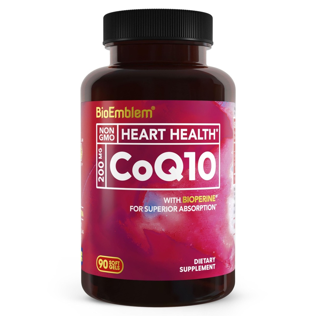 BioEmblem CoQ10 cu BioPerine - 200mg Softgels, înaltă absorbţie - Coenzime Q10 Antioxidant pentru producţia de energie, Heart Health - Natural Form, Non-GMO CoQ10 Supliment - 90 Conte