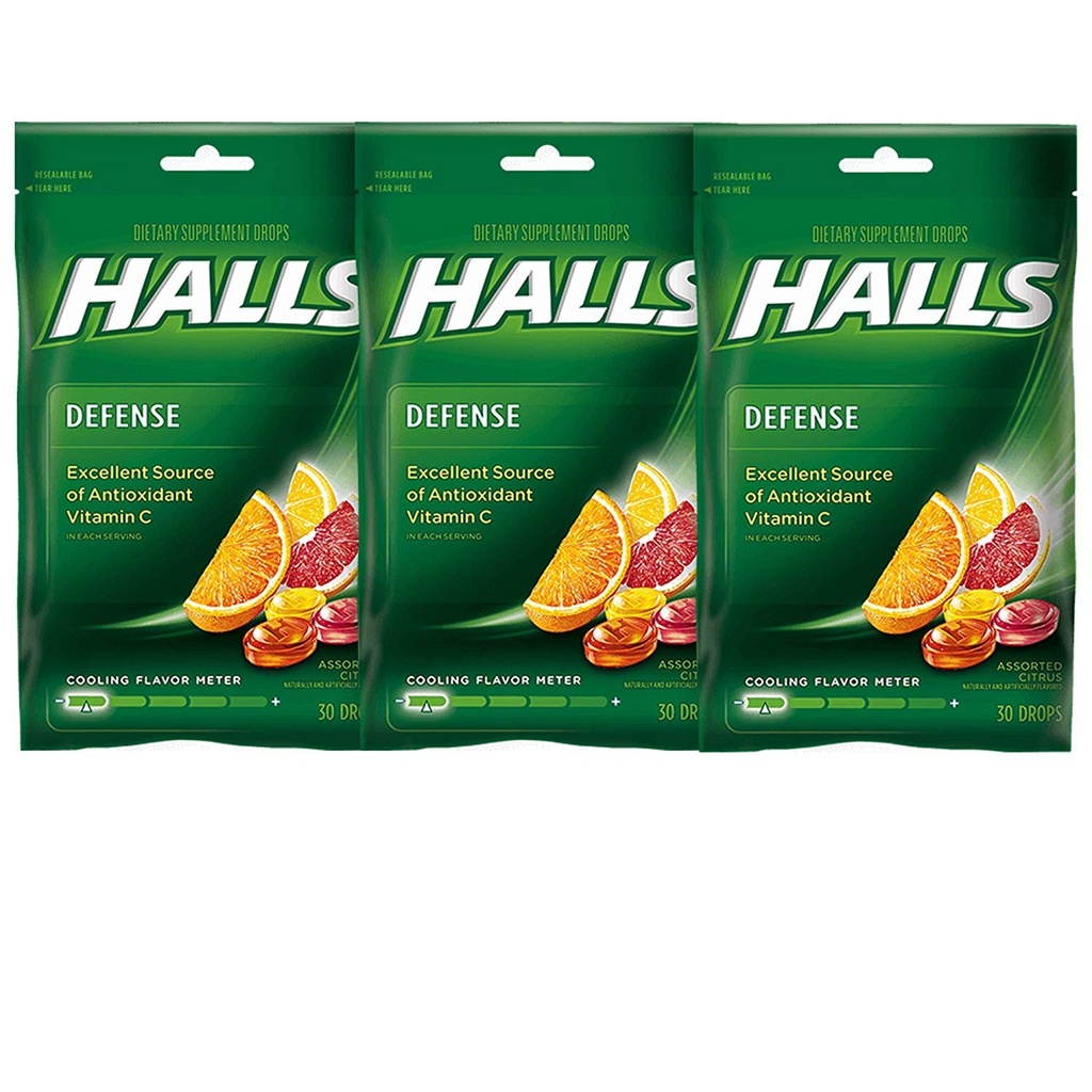 Halls Defense Vitamina C picături asortate Citrus - 30 ct, ambalaj de 3