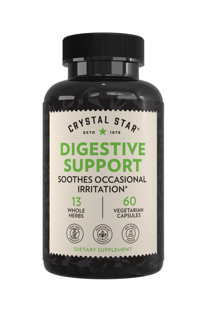 Crystal Star Digestive Supplement Supplement (60 capsule) - Herbal Gut Health Supplement care ajută cu gaz ocazional și balonare - Peppermint, Aloe Vera, Slippery Elm & Ginger 