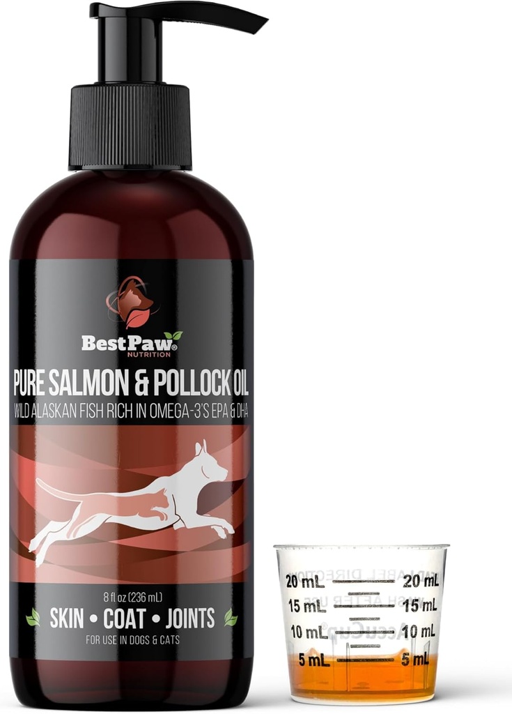 Somon pur sălbatic Alaskan și ulei Pollock pentru câini și pisici piele și haină - ulei de pește lichid cu pompă - Suporturi funcție comună & Heart Health - Omega 3 supliment alimentar lichid - toate naturale EPA + DHA - 8oz