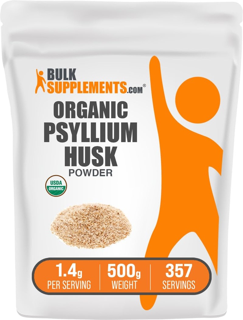 BulkSupplements.com Psyllium Powder Organic Husk - Psyllium Husk Powder for Cooking, Fiber Supplement - Gluten Free, 1.4g per Serving, 500g (1.1 lbs) (Pachet de 1)