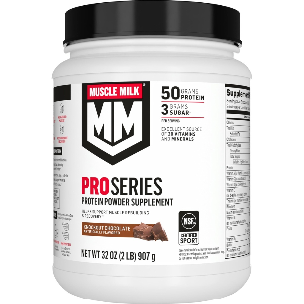 Muscle Milk Pro Series Proteine Powder Supplement,Knockout Chocolate,2 Pound,11 Servings,50g Proteine,3g Sugar,20 Vitamine & Minerale,NSF Certified for Sport,Workout Recovery,Packaging May Vary