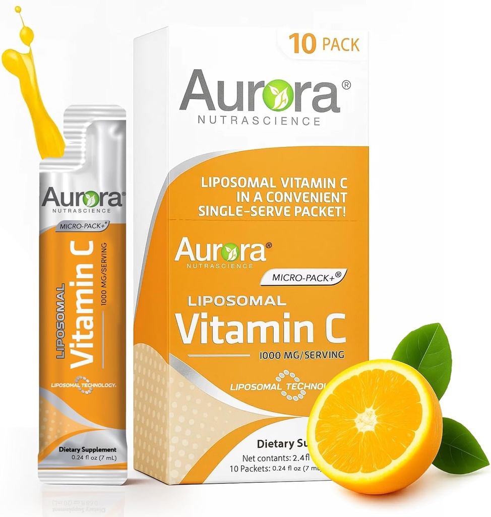 Aurora Nutrascience Micro-Pack Liposozomal Vitamina C, Immune Support, 1000 mg Per Serving, Vegan, Gluten Free, Non-GMO, 10 Pachete de unică servire, Orange