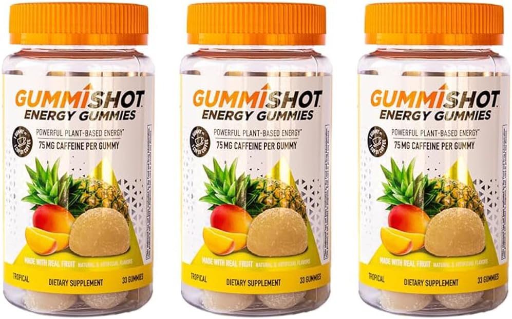 GummiShot Energy Gummies, 2475 mg de plante-based Cafeina Chews pe sticla, Boostere de energie de lungă durată, Tropical 33 Count (Pachet de 3)