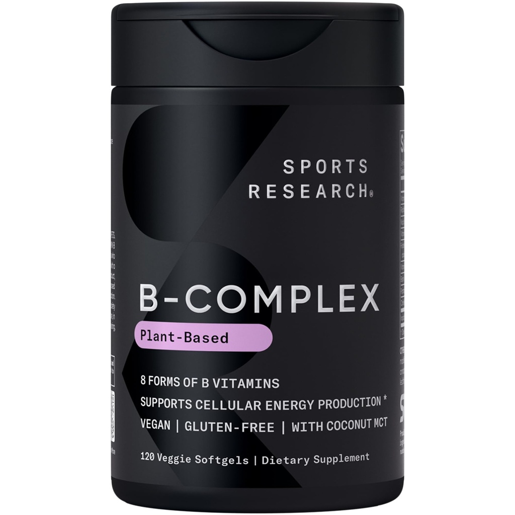 Sports Research® Vitamina B-complex - Spectrul complet de vitamine B cu metilat B12 & Folat - Gluten Free · Plant-Based · Non-GMO · Vegan-Friendly Formula - 120 Veggie Softgels