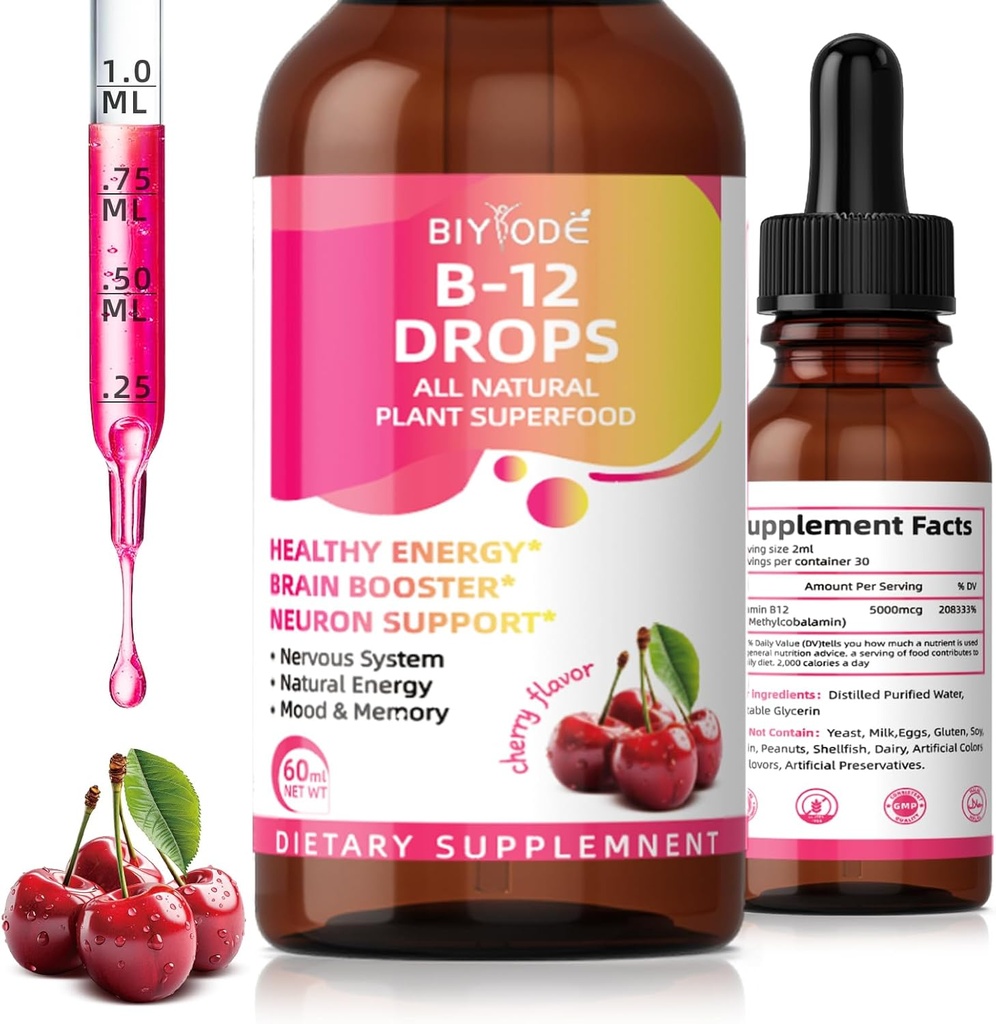 Vitamina B12 5000 mcg Picături lichide Toate plante naturale Superfood Energie Sanatos Creier Booster Neuron Suport Sistem nervos Energie Naturală Mood Memorie 60ml Net Wt Cherry Flavor