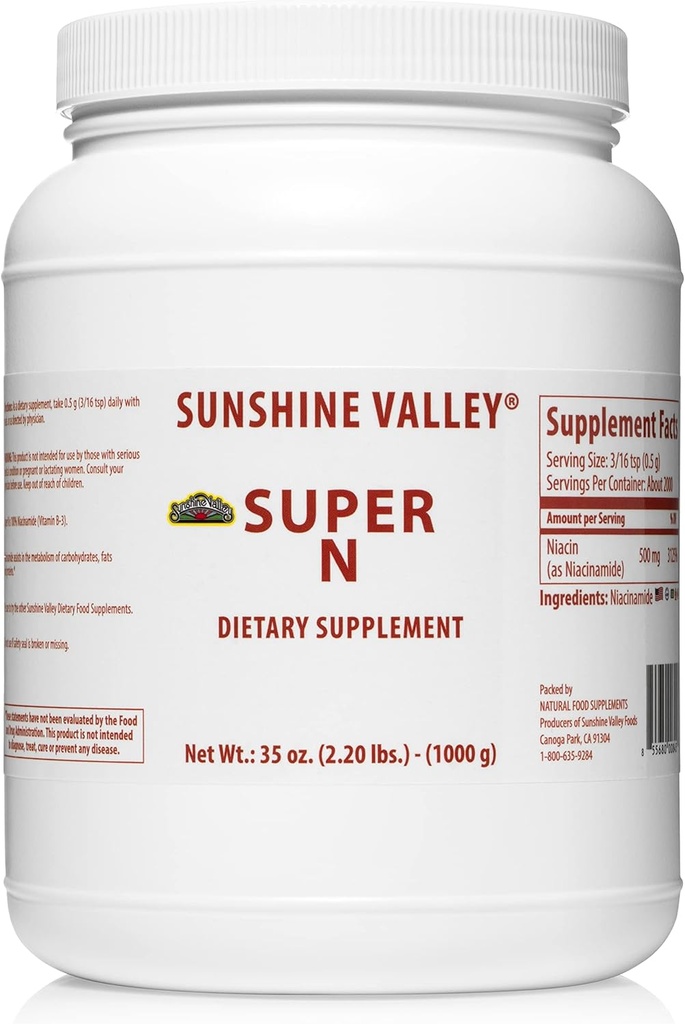 Sunshine Valley® Super N Niacinamidă pulbere (35 oz) - Niacin Vitamina B3 Supliment alimentar pentru energie, Digestie, Anti-Aging & Skin sănătos - Natural, Flush-Free