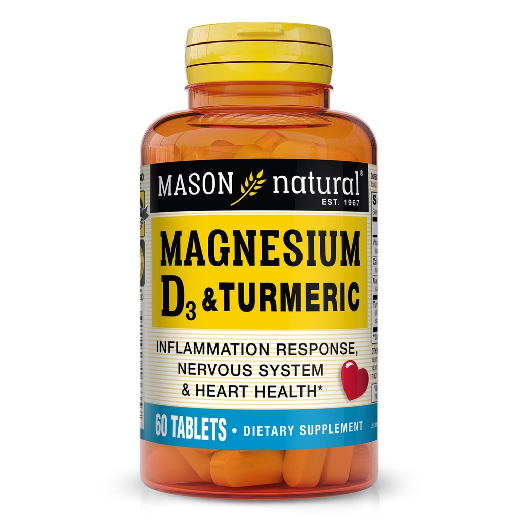 MASON NATURAL Magneziu şi vitamina D3 cu Turmeric, Supliment alimentar de 60 zile cu 500 mg magneziu, 3000 UI vitamina D3 şi 150 mg Turmeric