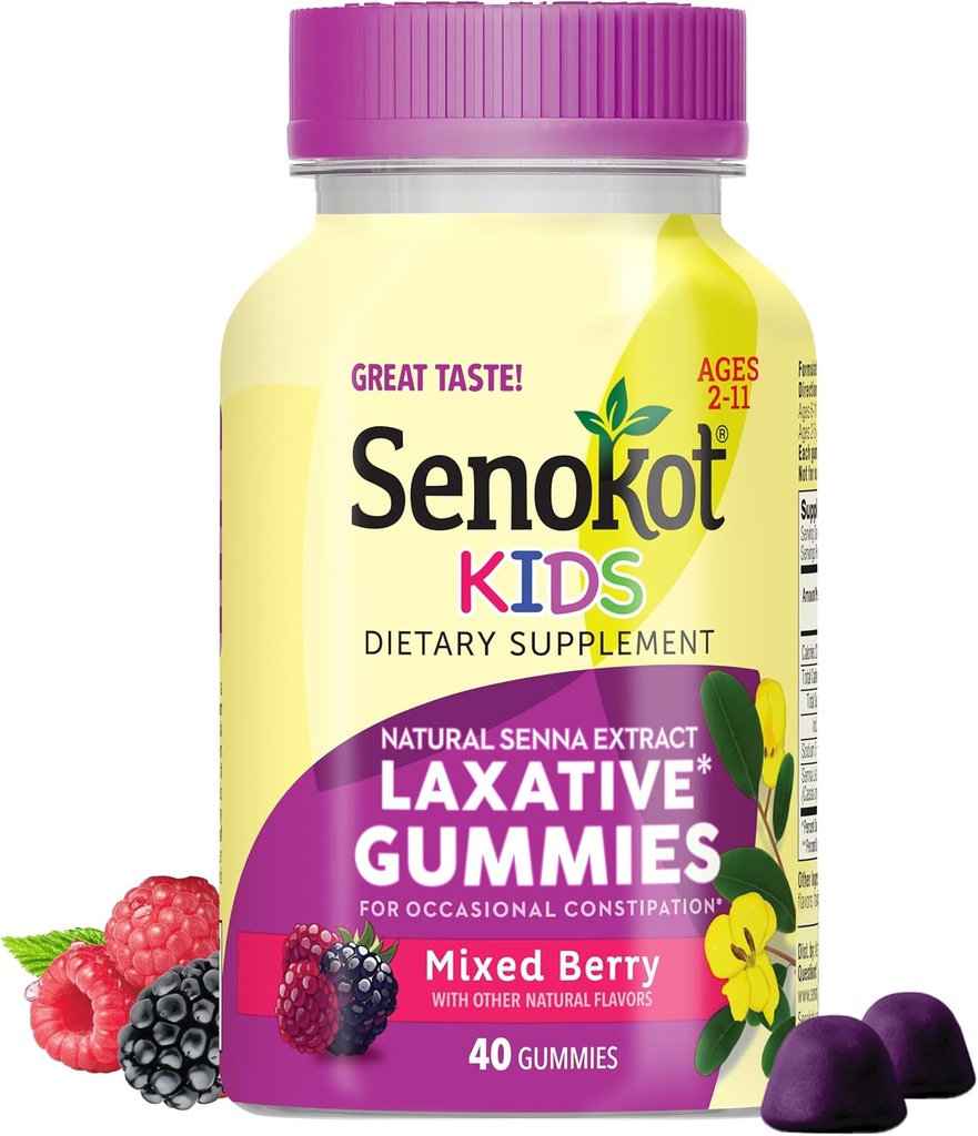 Senokot Kids Mixed Berry Laxative Gummies for Age 2+, Senna Extract for Gentle, Overnight Relief from Ocazional Constipation, 40 t