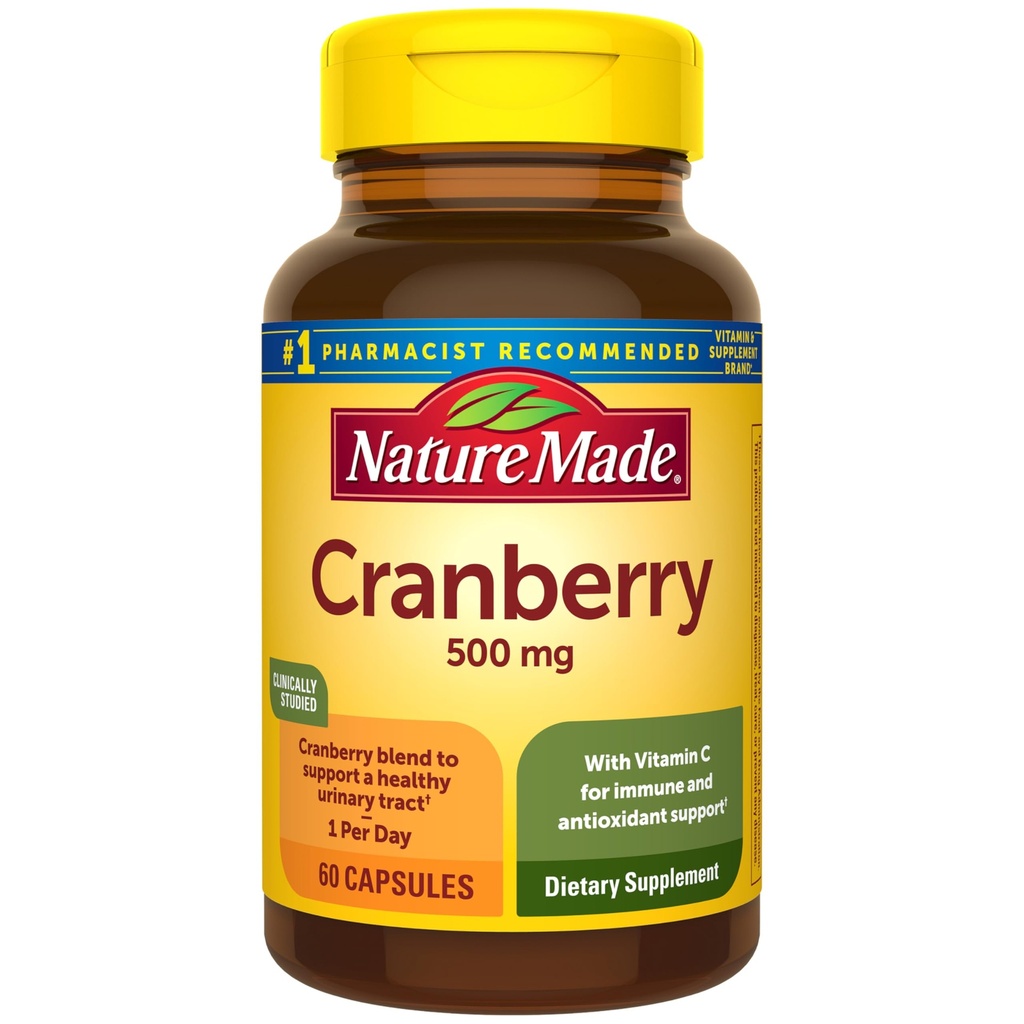 Natura Made Cranberry Supliment 500mg cu vitamina C pentru suport imun și antioxidant, Blend de afine pentru sănătatea tractului urinar, O dată pe zi, 60 capsule
