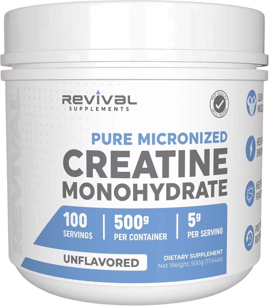 Revival Premium Micronized Creatin Monohidrat - HPLC testat 100% grad pur - 500g (100 serviri) - Susţine Lean musculare creştere - Absorbţie maximă - Nearomat - Made in USA & 3rd Party Lab testat