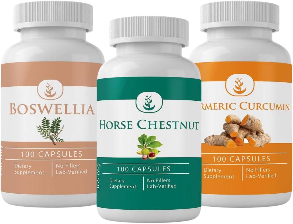 PURE INGREDIENTS Horse Chestnut, Boswellia, și capsule Turmeric Bundle, 100 capsule fiecare, întotdeauna pură, fără additive sau Fillers