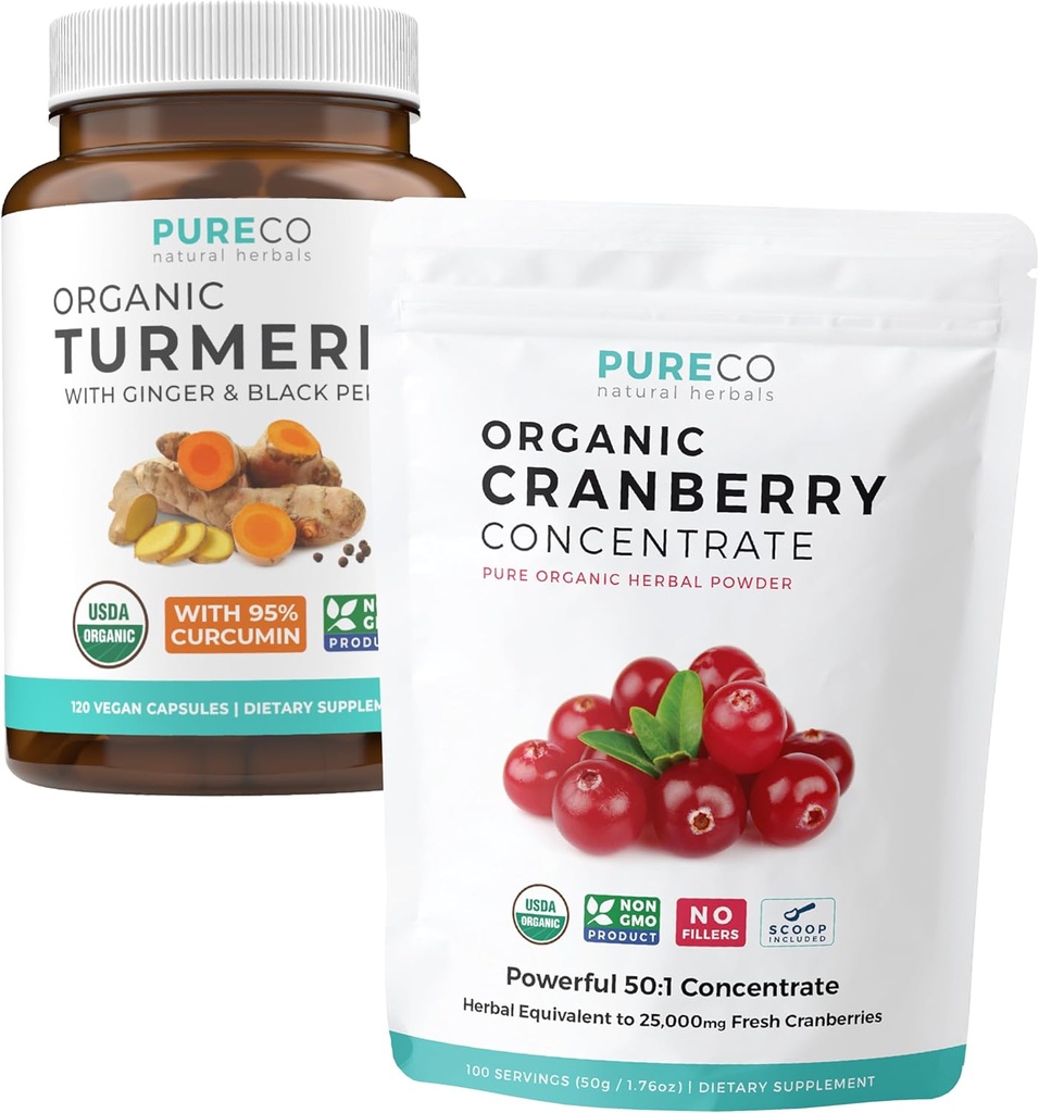 Turmeric & Cranberry Powder (3-Month Supply) Berry Turmeric Blend Bundle of Organic Turmeric Curcumin with Black Pepper & Ginger (120 Caps) & Organic Cranberry concentrat Extract de pulbere (100 Scoop)