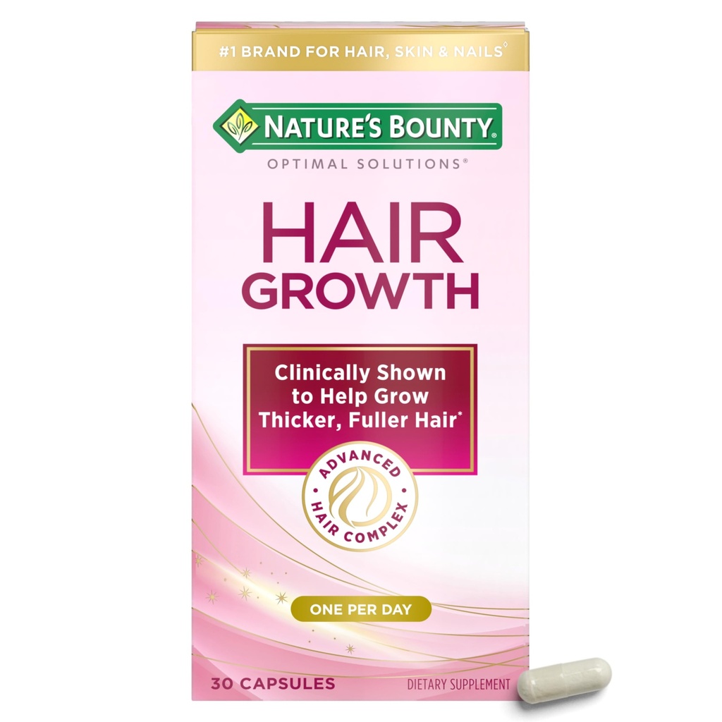Soluții optime de bounty naturale de creștere a părului Supliment cu Biotin, Vitamine de creștere a părului cu Biotin Silicon & Arginina, 1 pe zi, 30 capsule, O lună de aprovizionare