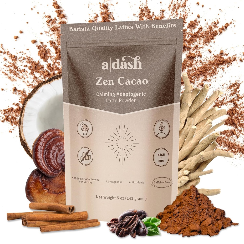 A Dash Zen Cacao Latte, Chocolate Mushroom Coffee Alternative Made with Adaptogens, Ashwagandha, & Scorțișoară Root Extract, Mushroom Hot Coco with No Caffeine (20 serviri)