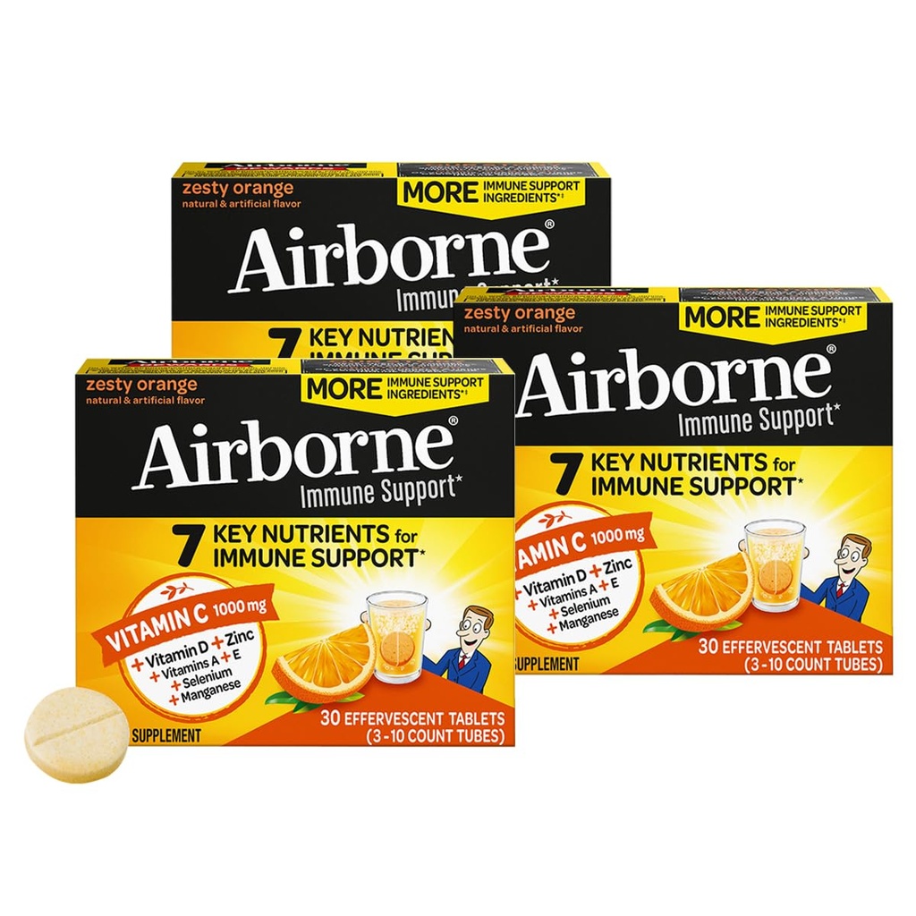 Aeroborne 1000 mg vitamina C + zinc zahăr gratuit Multivitamine imune suport Effervescent Fizzy Drink Tablete, Zesty Orange Flavor cu antioxidanti puternice vitamine A C & E, 30 comprimate (3 ambalaj)