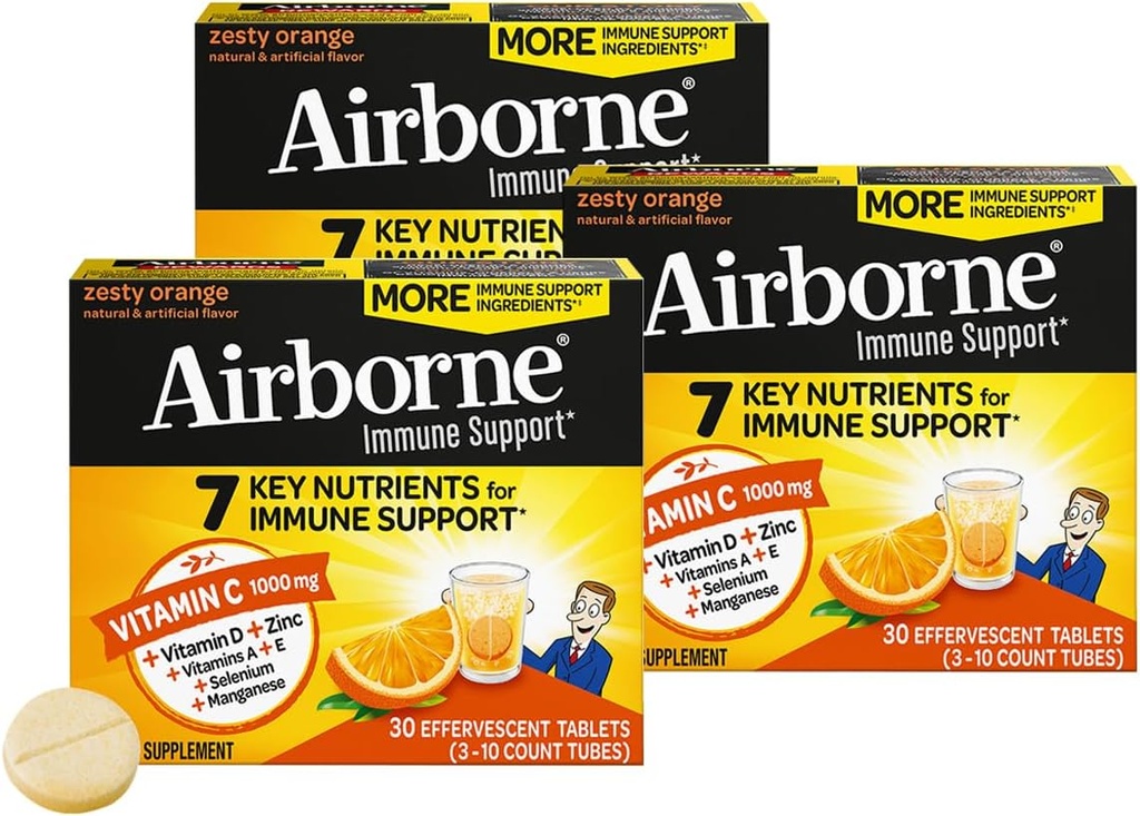 Aeroborne 1000 mg vitamina C + zinc zahăr gratuit Multivitamine imune suport Effervescent Fizzy Drink Tablete, Zesty Orange Flavor cu antioxidanti puternice vitamine A C & E, 30 comprimate (3 ambalaj)