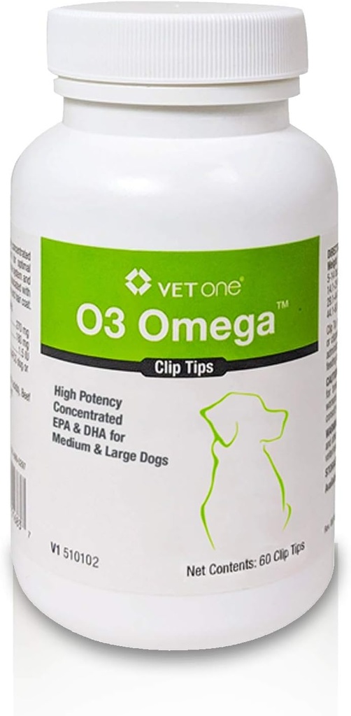 VetOne: O3 OmegaTM Clip Sfaturi Supliment nutriţional cu Omega 3 Acid gras - câini de talie medie şi mare (60 Conte Sticla)
