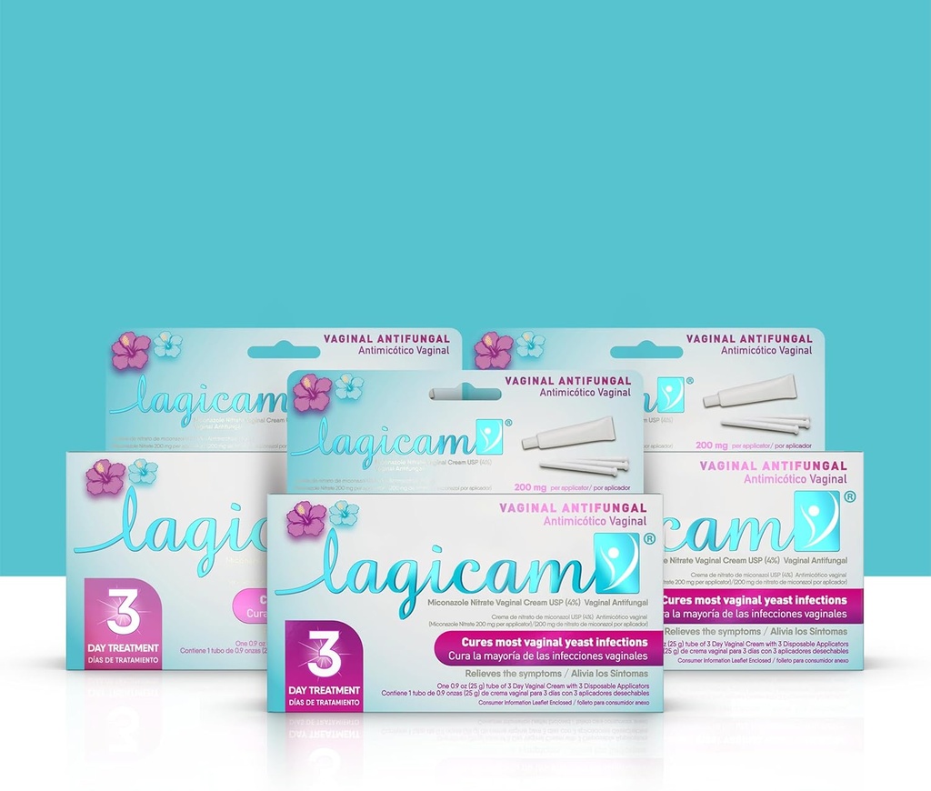Lagicam 3 zile Tratamentul infectiei cu dungi pentru femei, Începeţi să lucraţi în prima zi, Miconazol Nitrat, Cream vaginal antifungic pentru mâncărime şi iritaţie, 3 aplicatoare şi cremă de unică folosinţă (Pachet de 3)