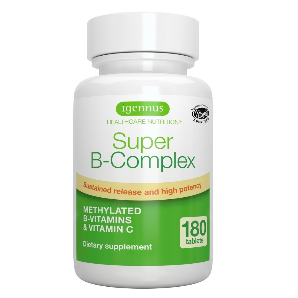 Igennus Super B-Complex Vitamine B metilate - eliberare susţinută, etichetă curată şi absorbţie ridicată, cu 5-MTHF Folate & metil B12, energie, Mood & Cognitive Performance, Lab verificat, 180 comprimate mici