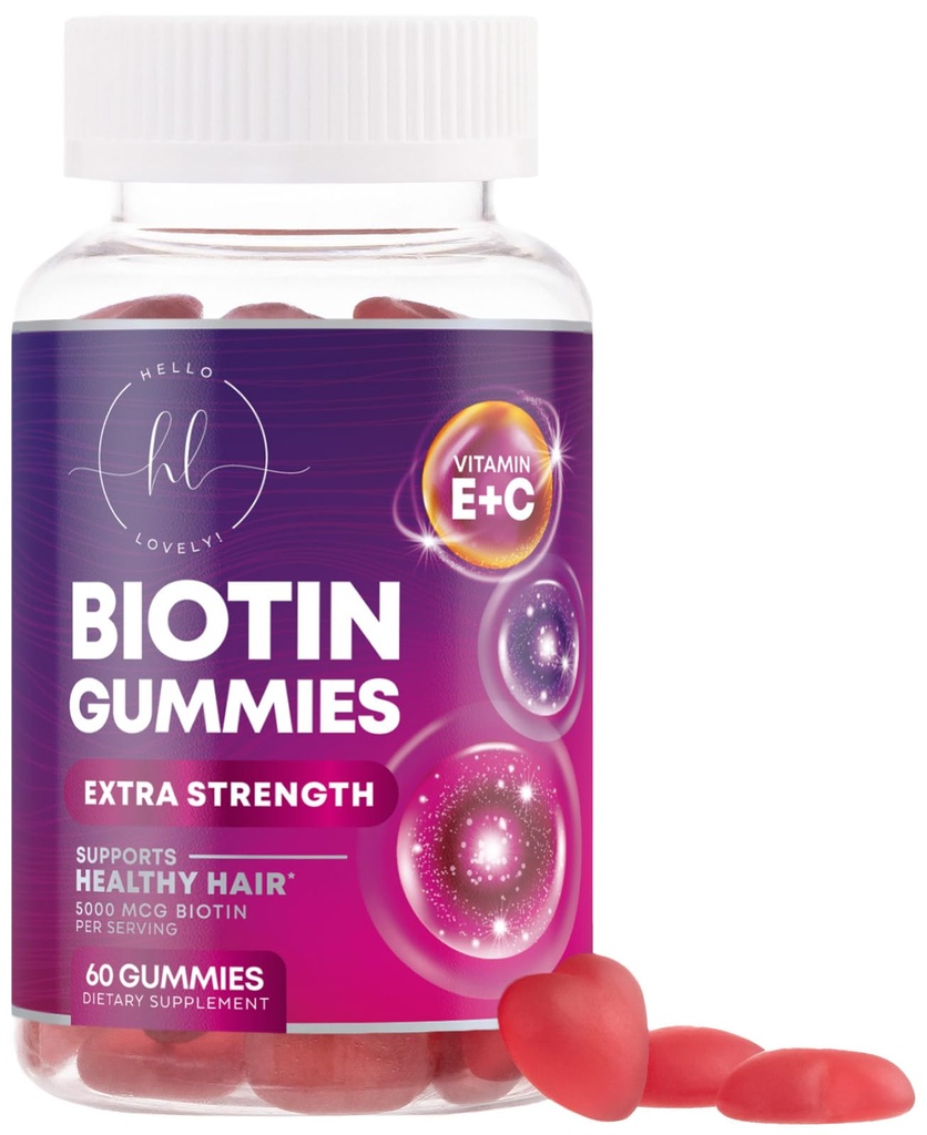 Vitamine de par Gummy cu Biotin 5000 mcg - suport de crestere a parului cu vitamine E & C pentru mai gros, mai puternic si par frumos - piele de par si unghii Vitamina pentru femei, non-GMO, Gluten gratuit - 60 gume