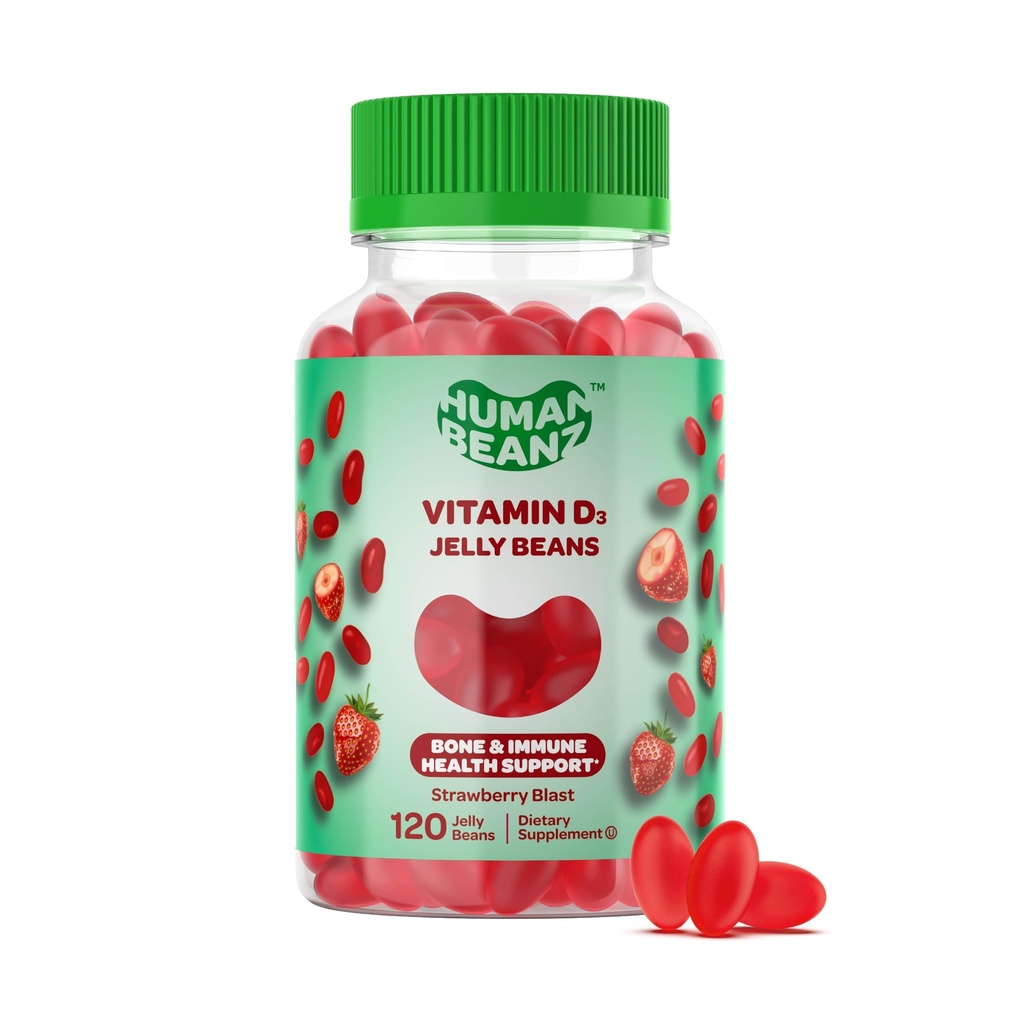 Vitamina D3 Jelly Bean Gumies pentru adulți, Suport imunitate, 2000 UI vitamina D, Suplimente vegetariene nutriționale, 120 căpșuni Blast Jelly Beans, Kosher