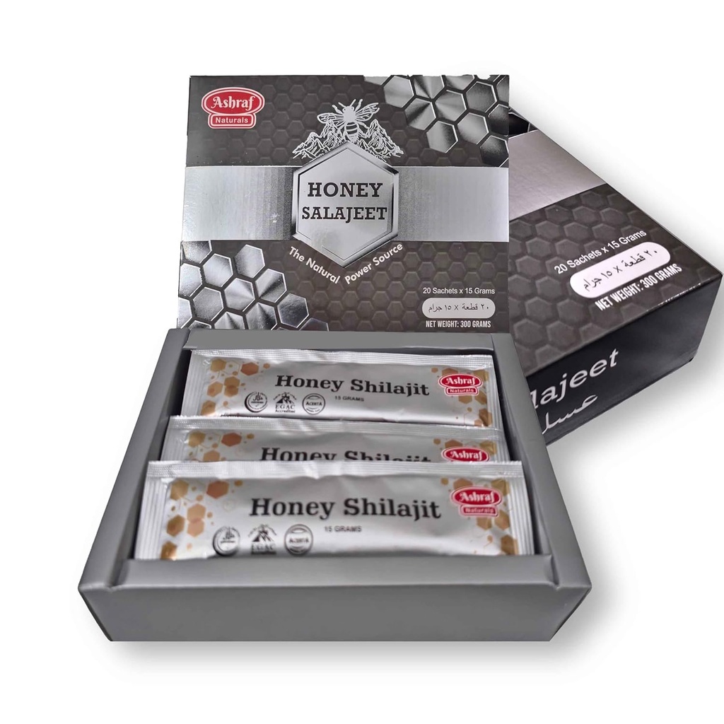 Natural Silajit Honey Sticks 15 Gram Fiecare 20 Sticks - Shilajit Resin cu miere cruda pura, Acid gras & Trace Minerale, Nutrienti pe baza de plante pentru energie, Vitality & Imunity Support 