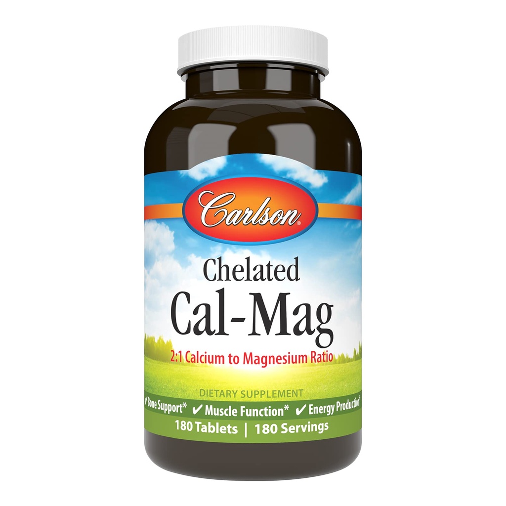 Carlson - Cal-Mag Chelated, 2:1 Calciul la Magneziu Ratio, Suportul osos, Funcţia musculară & Producţia de energie, 180 comprimate