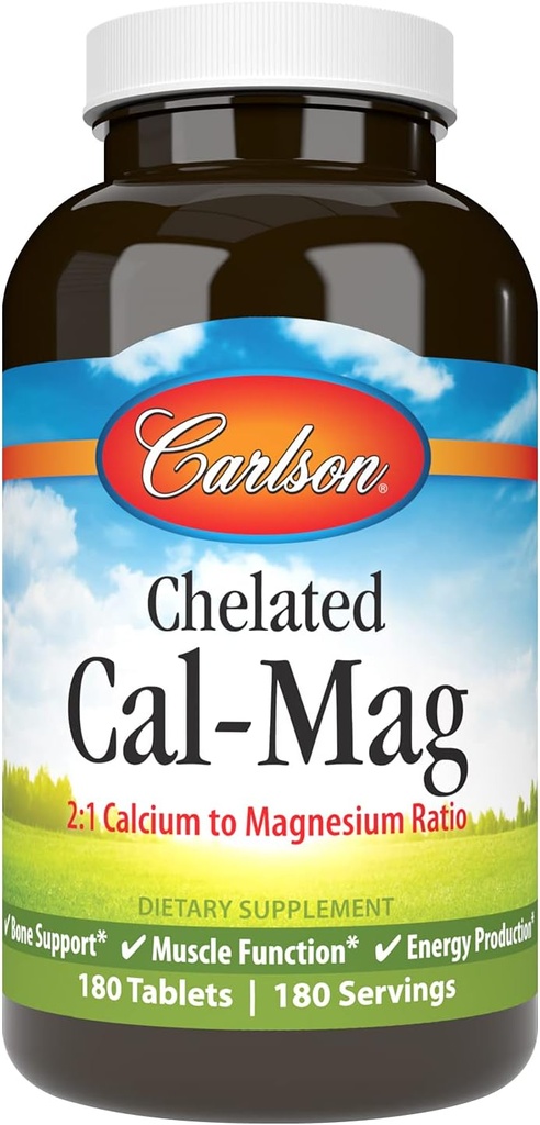 Carlson - Cal-Mag Chelated, 2:1 Calciul la Magneziu Ratio, Suportul osos, Funcţia musculară & Producţia de energie, 180 comprimate