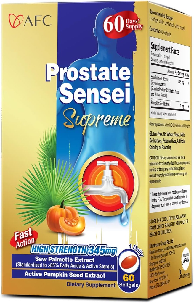 AFC Japan Prostate Sensei Supreme – Saw Palmetto Supplement for Men with Fatty Acids & Sterols – Supports Urinary Flow, Bladder Function, Hair Health – Natural Prostate Support Formula, 2 Month Supply