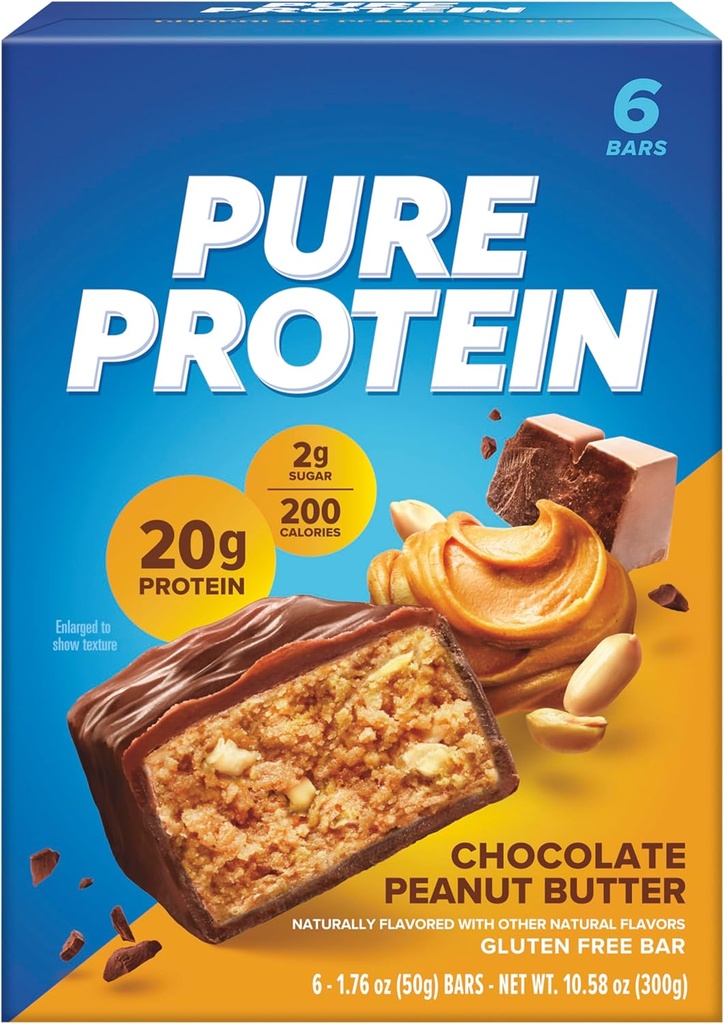 Baruri de proteine pure, proteine mari, gustări nutritive pentru a sprijini energia, zahăr scăzut, gluten gratuit, unt de arahide de ciocolată, 1.76 Oz (Pachet de 6)