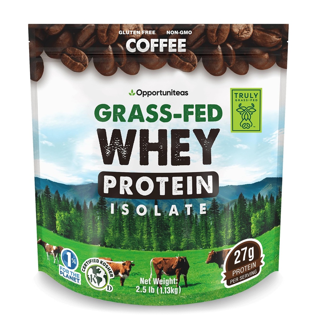 Opportuniteas Grass Fed Coffee Whey Proteine Izolate Pulbere - 27g Pulbere de proteine fără îndulcitori artificiali, Vaci Hormone-Free, Non OMG - 2,5lb