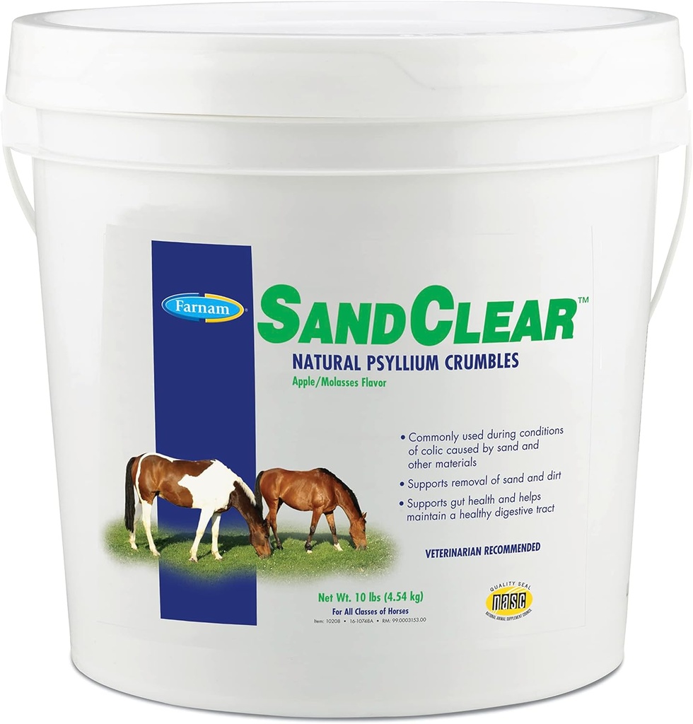 Farnam SandClear Psyllium Crumbles Supliment pentru cai, Ajuta la eliminarea nisipului din Colon & Suporturi Digestive Health, Apple / Molasses Flavor, 10 lbs.